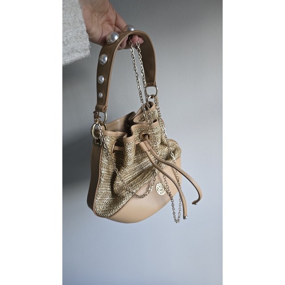 The Unbranded Brand Handbags - Straw Bucket Bag With Pearl-Embellished Leather Top Handle